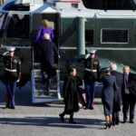 Jan 20, 2025; Washington, DC, USA; President Donald Trump and first lady Melania Trump say goodbye to former President Joe Biden and former first lady Jill Biden as they walk towards Marine One during the 2025 Presidential Inauguration at the U.S. Capitol. Jack Gruber/Pool via REUTERS