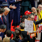 Relatives of hostages from the deadly October 7, 2023 attack by Hamas, speak with President Donald Trump, Vice President JD Vance and second lady Usha Vance at Capital One Arena on the inauguration day of Donald Trump's second presidential term, in Washington, U.S. January 20, 2025. REUTERS/Brian Snyder