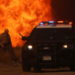 Members of law enforcement walk to their vehicle as flames rise from the Hughes Fire near Castaic Lake, north of Santa Clarita, California, U.S. January 22, 2025. REUTERS/David Swanson