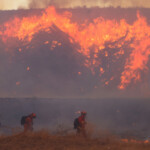 Firefighters work as the Hughes Fire burns in Castaic Lake, California, U.S. January 22, 2025. REUTERS/David Swanson