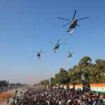 Indian Air Force helicopters drop flowers during India's Republic Day celebrations in New Delhi, India, January 26, 2025. REUTERS/Adnan Abidi