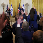 U.S. President Donald Trump and Israeli Prime Minister Benjamin Netanyahu answer questions during a joint press conference in the East Room at the White House in Washington, U.S., February 4, 2025. REUTERS/Leah Millis