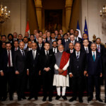 French President Emmanuel Macron and Indian Prime Minister Narendra Modi pose for a family photo with participants before the closing session of the Franco-Indian Economic Forum at the Quai d'Orsay following the Artificial Intelligence (AI) Action Summit in Paris, France, February 11, 2025. REUTERS/Abdul Saboor/Pool