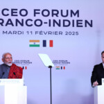 Indian Prime Minister Narendra Modi delivers a speech next to French President Emmanuel Macron during the closing session of the Franco-Indian Economic Forum at the Quai d'Orsay following the Artificial Intelligence (AI) Action Summit in Paris, France, February 11, 2025. REUTERS/Abdul Saboor/Pool