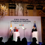 Indian Prime Minister Narendra Modi delivers a speech next to French President Emmanuel Macron during the closing session of the Franco-Indian Economic Forum at the Quai d'Orsay following the Artificial Intelligence (AI) Action Summit in Paris, France, February 11, 2025. REUTERS/Abdul Saboor/Pool