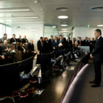 French President Emmanuel Macron, Indian Prime Minister Narendra Modi, French Minister for Europe and Foreign Affairs Jean-Noel Barrot and Rodolphe Saade, Chairman and CEO of CMA CGM, listen to explanations during a visit at the CMA CGM Tower of the French shipping company in the Port of Marseille, France, February 12, 2025. REUTERS/Christian Hartmann/Pool