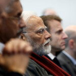 French President Emmanuel Macron, Indian Prime Minister Narendra Modi and French Minister for Europe and Foreign Affairs Jean-Noel Barrot visit the CMA CGM Tower of the French shipping company in the Port of Marseille, France, February 12, 2025. REUTERS/Christian Hartmann/Pool
