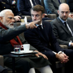 French President Emmanuel Macron, Indian Prime Minister Narendra Modi and French Minister for Europe and Foreign Affairs Jean-Noel Barrot visit the CMA CGM Tower of the French shipping company in the Port of Marseille, France, February 12, 2025. REUTERS/Christian Hartmann/Pool