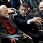 French President Emmanuel Macron, Indian Prime Minister Narendra Modi and French Minister for Europe and Foreign Affairs Jean-Noel Barrot visit the CMA CGM Tower of the French shipping company in the Port of Marseille, France, February 12, 2025. REUTERS/Christian Hartmann/Pool