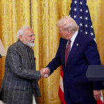 U.S. President Donald Trump and Indian Prime Minister Narendra Modi shake hands as they attend a joint press conference at the White House in Washington, D.C., U.S., February 13, 2025. REUTERS/Kevin Lamarque