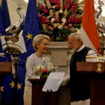 European Commission President Ursula von der Leyen shakes hands with India's Prime Minister Narendra Modi after a joint press statement at the Hyderabad House in New Delhi, India, February 28, 2025. REUTERS/Altaf Hussain