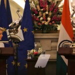 European Commission President Ursula von der Leyen speaks during a joint press statement with India's Prime Minister Narendra Modi at the Hyderabad House in New Delhi, India, February 28, 2025. REUTERS/Altaf Hussain