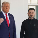 U.S. President Donald Trump gestures as Ukrainian President Volodymyr Zelenskyy looks on at the White House in Washington, D.C., U.S., February 28, 2025. REUTERS/Nathan Howard