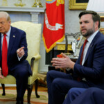 U.S. President Donald Trump gesturs next to U.S. Vice President JD Vance as he meets with Ukrainian President Volodymyr Zelenskyy at the White House in Washington, D.C., U.S., February 28, 2025. REUTERS/Brian Snyder