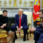 U.S. President Donald Trump meets with Ukrainian President Volodymyr Zelenskyy as U.S. Vice President JD Vance reacts at the White House in Washington, D.C., U.S., February 28, 2025. REUTERS/Brian Snyder