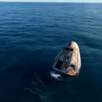 The Crew Dragon capsule containing Butch Wilmore and Suni Williams and two other astronauts floats after their splashdown following their return to earth from the International Space Station off the coast of Florida, U.S. March 18, 2025 in a still image from video. NASA TV/Handout via REUTERS.
