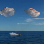 The Crew Dragon capsule containing Butch Wilmore and Suni Williams and two other astronauts splashes down, following their return to earth from the International Space Station off the coast of Florida, U.S. March 18, 2025 in a still image from video. NASA TV/Handout via REUTERS