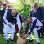 PM Modi & PM Dr. Navin Ramgoolam planted a Bael sapling in the garden, contributing to the ‘Ek Ped Maa Ke Naam’ initiative