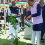 PM Modi & PM Dr. Navin Ramgoolam planted a Bael sapling in the garden, contributing to the ‘Ek Ped Maa Ke Naam’ initiative