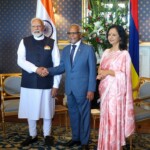 Mauritius President Dharambeer Gokhool welcomes PM Narendra Modi at the State House