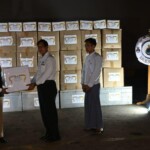 50 tonnes HADR relief material carried by INS Satpura & INS Savitri handed over by Amb Abhay Thakur at Yangon.