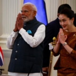India's Prime Minister Narendra Modi and Thailand's Prime Minister Paetongtarn Shinawatra gesture as they meet at the Government House, in Bangkok, Thailand, April 3, 2025. REUTERS/Athit Perawongmetha