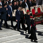 Italian Prime Minister Giorgia Meloni walks ahead of the funeral Mass of Pope Francis, in Saint Peter's Square, at the Vatican, April 26, 2025. REUTERS/Dylan Martinez