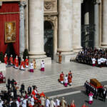 The coffin of Pope Francis is carried during the funeral Mass of Pope Francis in St. Peter's Square at the Vatican, April 26, 2025. REUTERS/Kai Pfaffenbach