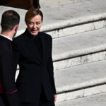 Italian Prime Minister Giorgia Meloni appears ahead of the funeral Mass of Pope Francis, in Saint Peter's Square, at the Vatican, April 26, 2025. REUTERS/Dylan Martinez