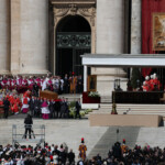 The coffin of Pope Francis is carried during the funeral Mass of Pope Francis in St. Peter's Square at the Vatican, April 26, 2025. REUTERS/Hannah McKay