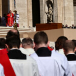Cardinal Giovanni Battista Re leads the funeral Mass of Pope Francis in St. Peter's Square at the Vatican, April 26, 2025. REUTERS/Yara Nardi