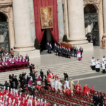 Pallbearers carry the coffin of Pope Francis, during his funeral Mass, in St. Peter's Square at the Vatican, April 26, 2025. REUTERS/Remo Casilli