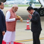 PM Narendra Modi
lands in Bangkok, Thailand.He was received by the Deputy PM & Minister of Transport Suriya Jungrungreangkit at the airport.