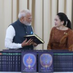 Thailand PM Paetongtarn Shinawatra presented PM Narendra Modi
with the holy scriptures- World Tipitaka in Pali at Government House.
