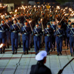 Service members attend the military ceremonial Grand Tattoo ("Grosser Zapfenstreich") of the German armed forces Bundeswehr to honour outgoing German Chancellor Olaf Scholz, at the Defence Ministry in Berlin, Germany May 5, 2025. REUTERS/Fabrizio Bensch