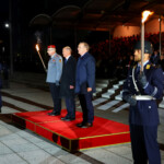 Outgoing German Chancellor Olaf Scholz and German Defence Minister Boris Pistorius, attend the military ceremonial Grand Tattoo ("Grosser Zapfenstreich") of the German armed forces Bundeswehr to honour the outgoing German Chancellor, at the Defence Ministry in Berlin, Germany May 5, 2025. REUTERS/Fabrizio Bensch