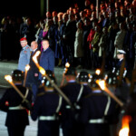 Outgoing German Chancellor Olaf Scholz and German Defence Minister Boris Pistorius, attend the military ceremonial Grand Tattoo ("Grosser Zapfenstreich") of the German armed forces Bundeswehr to honour the outgoing German Chancellor, at the Defence Ministry in Berlin, Germany May 5, 2025. REUTERS/Fabrizio Bensch