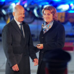 Outgoing German Chancellor Olaf Scholz and his wife Britta Ernst attend a military Grand Tattoo ("Grosser Zapfenstreich") of the German armed forces Bundeswehr at the Defence Ministry in Berlin, Germany May 5, 2025. Michael Kappeler/Pool via REUTERS