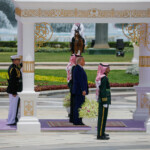 U.S. President Donald Trump stands with Saudi Crown Prince Mohammed Bin Salman during a welcoming ceremony in Riyadh, Saudi Arabia, May 13, 2025. REUTERS/Brian Snyder
