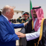 U.S. President Donald Trump shakes hands with Saudi Crown Prince Mohammed Bin Salman during a welcoming ceremony in Riyadh, Saudi Arabia, May 13, 2025. Bandar Algaloud/Courtesy of Saudi Royal Court/Handout via REUTERS THIS IMAGE HAS BEEN SUPPLIED BY A THIRD PARTY