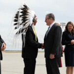 Britain's Prime Minister Keir Starmer is greeted by Bearspaw First Nation Chief Darcy Dixon as he arrives before world leaders meet in Kananaskis for the G7 leaders' summit, at Calgary International Airport in Calgary, Alberta, Canada June 15, 2025. REUTERS/Amber Bracken/Pool