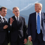 French President Emmanuel Macron, Canada's Prime Minister Mark Carney and U.S. President Donald Trump attend a family photo session during the G7 Summit, in Kananaskis, Alberta, Canada, June 16, 2025. REUTERS/Suzanne Plunkett/Pool