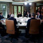 Ukrainian President Volodymyr Zelenskiy, British Prime Minister Keir Starmer, Canadian Prime Minister Mark Carney, French President Emmanuel Macron, German Chancellor Friedrich Merz, and NATO Secretary General Mark Rutte attend the G7, Ukraine and NATO Working Breakfast Session V, during the G7 Leaders' Summit in Kananaskis, in Alberta, Canada, June 17, 2025. REUTERS/Suzanne Plunkett/Pool
