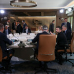 U.S. Treasury Secretary Scott Bessent, European Commission President Ursula von der Leyen, European Council President Antonio Costa, Japanese Prime Minister Shigeru, Italian Prime Minister Giorgia Meloni, Canadian Prime Minister Mark Carney, Ukraine's President Volodymyr Zelenskiy, British Prime Minister Keir Starmer and German Chancellor Friedrich Merz attend attend the G7, Ukraine and NATO Working Breakfast Session V, during the G7 Leaders' Summit in Kananaskis, in Alberta, Canada, June 17, 2025. REUTERS/Amber Bracken