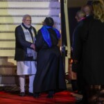 PM Narendra Modi lands in the capital city of Windhoek, Namibia where he was received by Selma Ashipala-Musavyi, Minister of International relations & trade of Namibia, at the airport