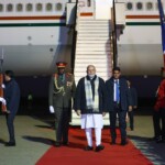 PM Narendra Modi lands in the capital city of Windhoek, Namibia where he was received by Selma Ashipala-Musavyi, Minister of International relations & trade of Namibia, at the airport