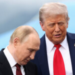 U.S. President Donald Trump speaks with Russian President Vladimir Putin, as they meet to negotiate for an end to the war in Ukraine, at Joint Base Elmendorf-Richardson in Anchorage, Alaska, U.S., August 15, 2025. REUTERS/Kevin Lamarque