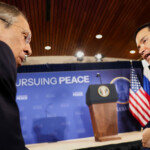 Russian Foreign Minister Sergei Lavrov and U.S. Secretary of State Marco Rubio talk as they attend a press conference held by U.S. President Donald Trump and Russian President Vladimir Putin following their meeting to negotiate an end to the war in Ukraine, at Joint Base Elmendorf-Richardson, in Anchorage, Alaska, U.S., August 15, 2025. REUTERS/Kevin Lamarque