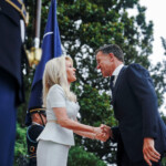 U.S. Chief of Protocol Monica Crowley greets NATO's Secretary General Mark Rutte as he arrives at the White House amid negotiations to end the Russian war in Ukraine, in Washington, D.C., U.S., August 18, 2025. REUTERS/Nathan Howard