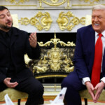 U.S. President Donald Trump laughs while Ukrainian President Volodymyr Zelenskiy gestures as they meet at the Oval Office of the White House, amid negotiations to end the Russian war in Ukraine, in Washington, D.C., U.S., August 18, 2025. REUTERS/Kevin Lamarque